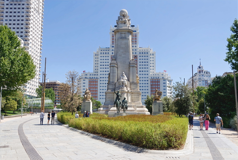 1 - The Monument to Miguel de Cervantes located in the center of the Plaza de España in Madrid, Spain
